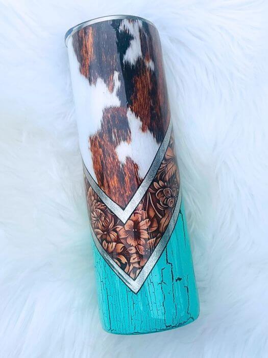 Cow Print with Leather Tool Tumbler - Glitter Tumbler