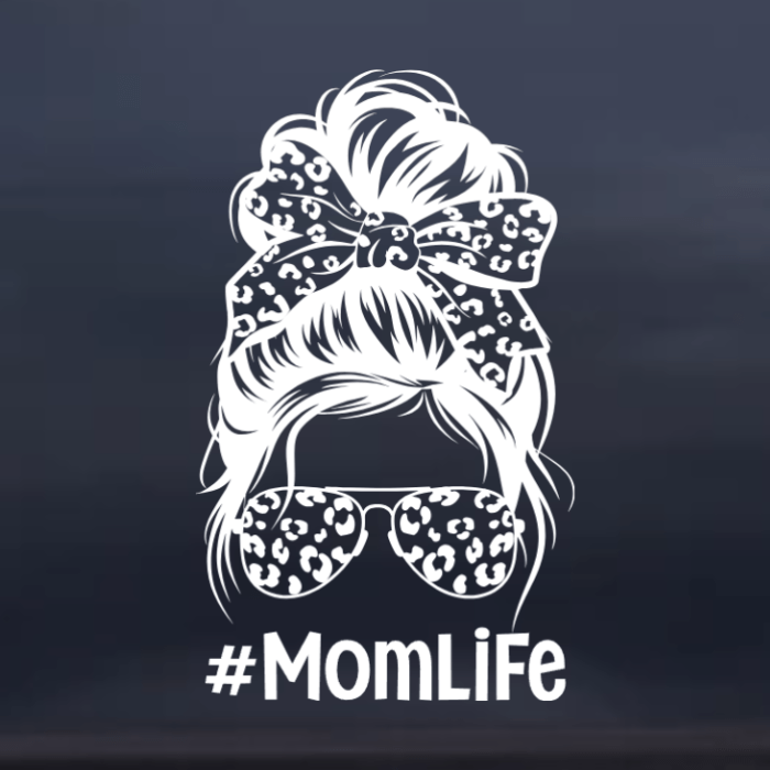 White illustration of a messy bun with leopard print bow and sunglasses on a dark background with '#MomLife' text.
