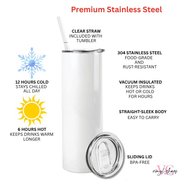 White tumbler with clear straw, features listed on a white background