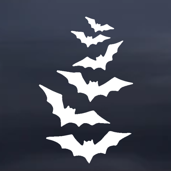 White bat shapes on a dark window background
