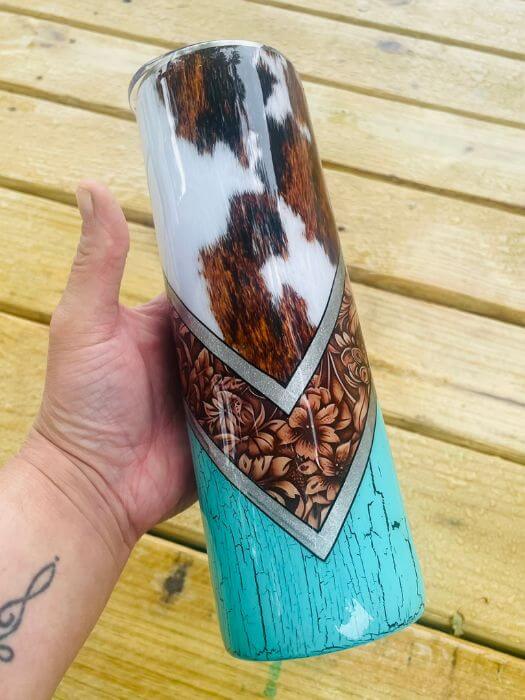Cow Print with Leather Tool Tumbler - Glitter Tumbler