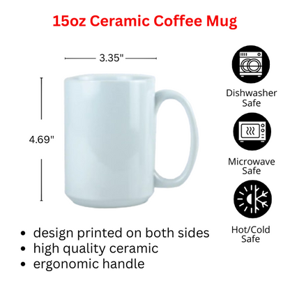 15oz Ceramic Coffee Mug with dimensions, safety features, and material details on a white background