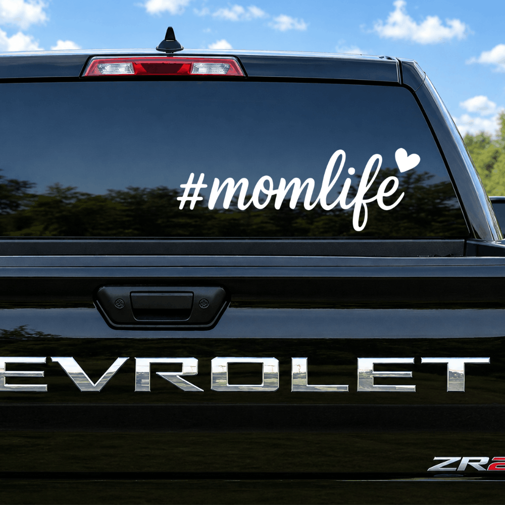 Chevrolet vehicle with '#momlife' decal on the back window