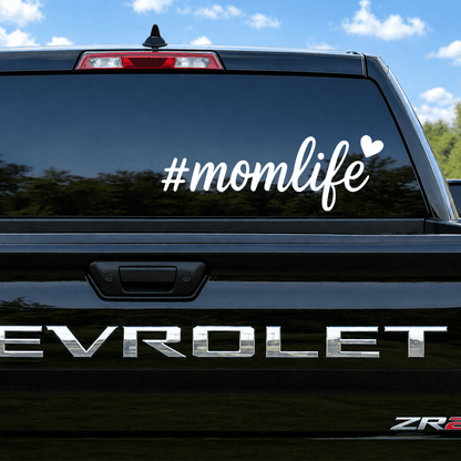 Chevrolet vehicle with '#momlife' decal on the back window