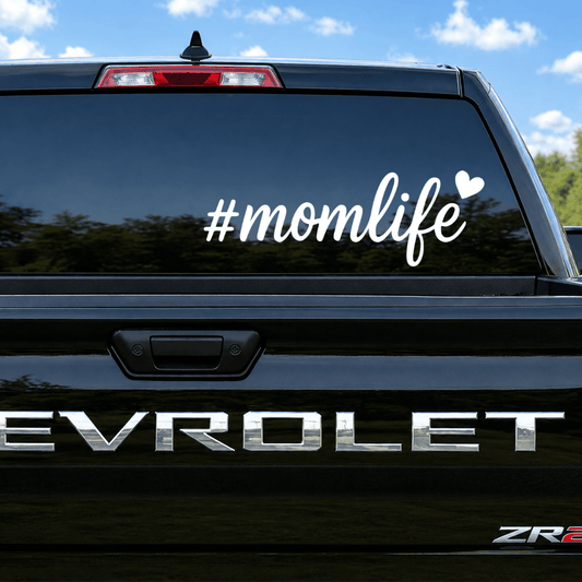 Chevrolet vehicle with '#momlife' decal on the back window