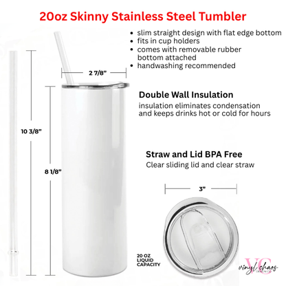 20oz Skinny Stainless Steel Tumbler with measurements and features on a white background