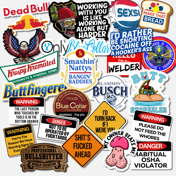 Collection of various funny adult stickers with different designs and text on a white background