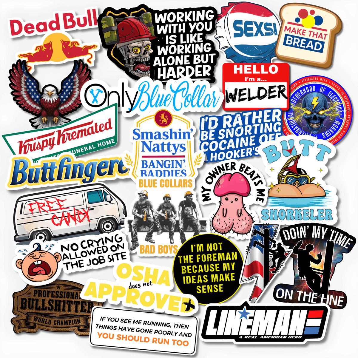 Funny adult blue collar sticker pack featuring welder jokes, OSHA humor, construction memes, lineman designs and sarcastic workplace vinyl stickers