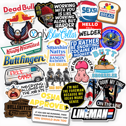 Funny adult blue collar sticker pack featuring welder jokes, OSHA humor, construction memes, lineman designs and sarcastic workplace vinyl stickers