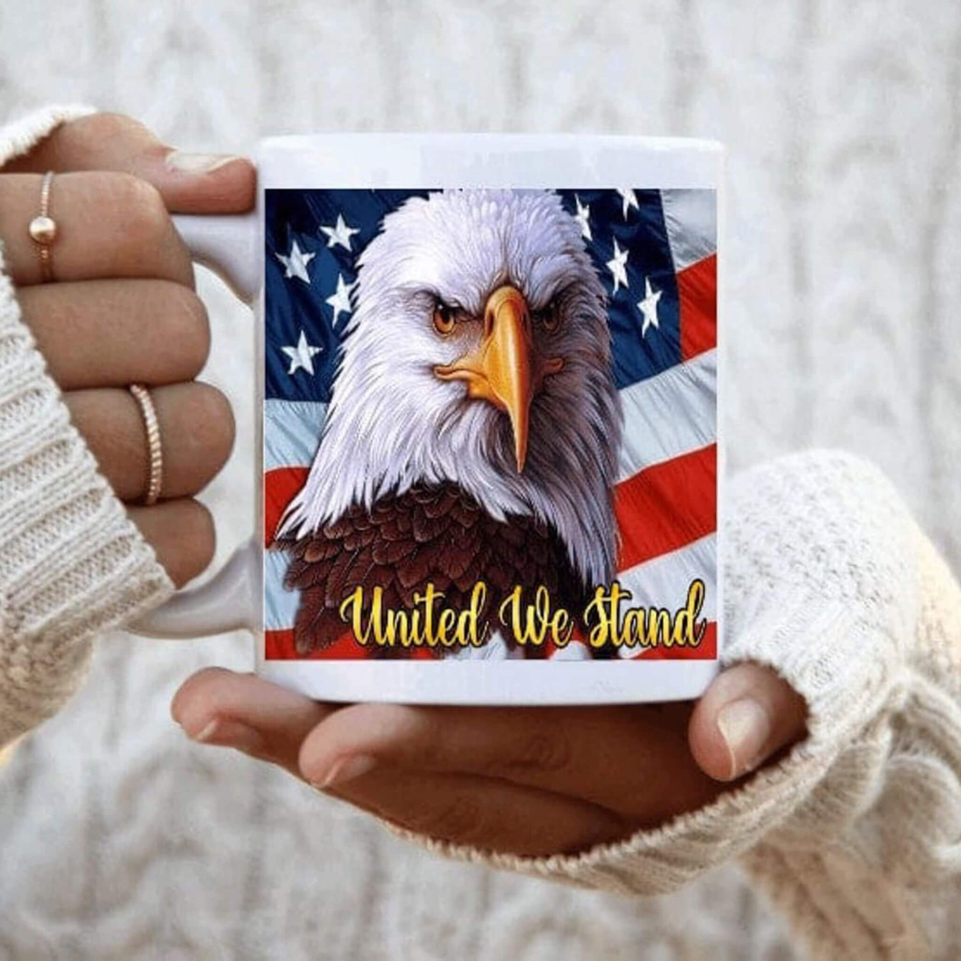 American Eagle and Flag United We Stand Coffee Mug | Custom Mugs Vinyl Chaos Design Co.