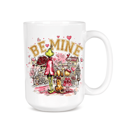 White mug with Valentine's Day design featuring cartoon characters and 'Be Mine' text on a white background.