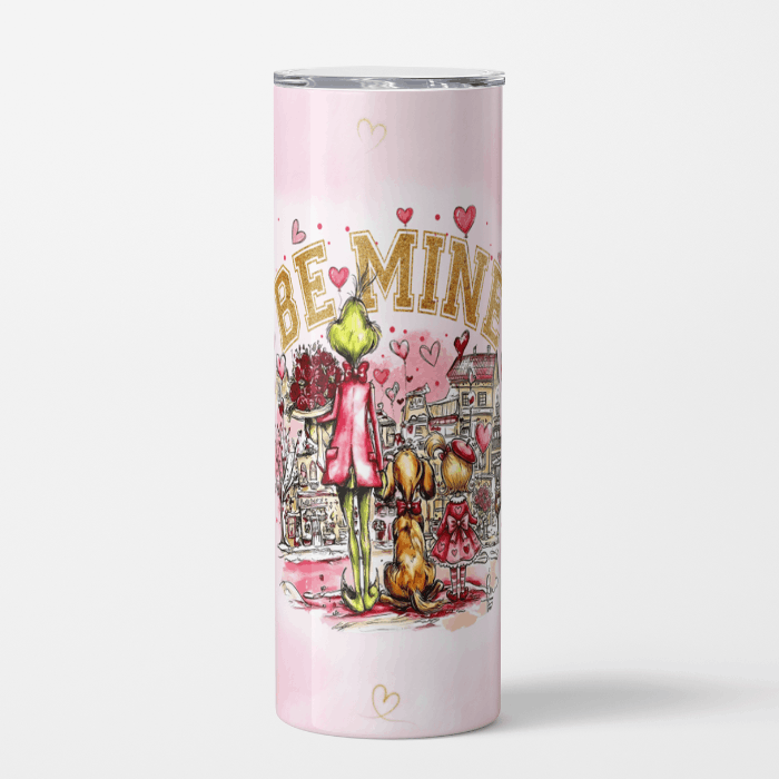 Tumbler with a design of a character holding a rose and text 'Be Mine' on a pink background.