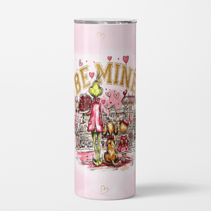 Tumbler with a design of a character holding a rose and text 'Be Mine' on a pink background.