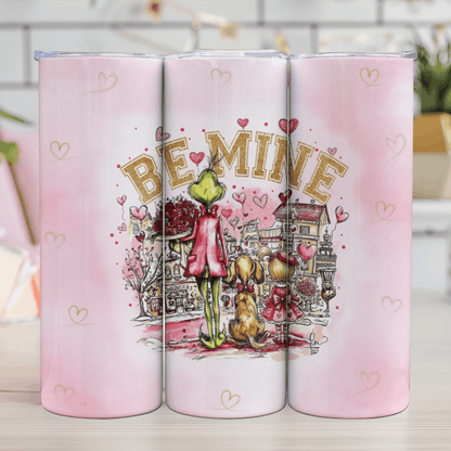 Pink tumblers with Valentine's Day design featuring hearts and 'Be Mine' text.