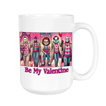 White mug with a colorful design of characters holding hearts and 'Be My Valentine' text on a white background.
