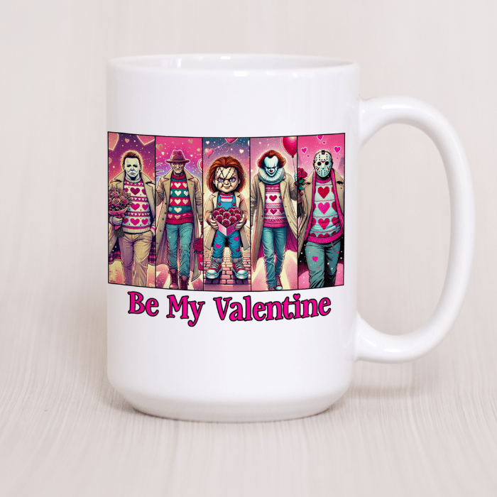 White mug with a colorful graphic of people in Valentine's Day-themed outfits and 'Be My Valentine' text on a light background.