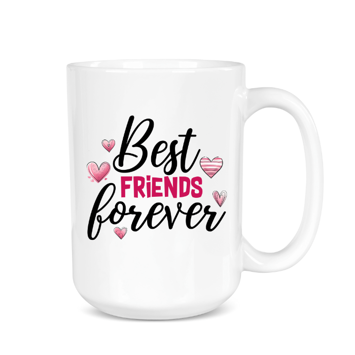 White mug with 'Best Friends Forever' text and heart graphics on a white background
