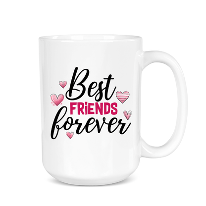 White mug with 'Best Friends Forever' text and heart graphics on a white background