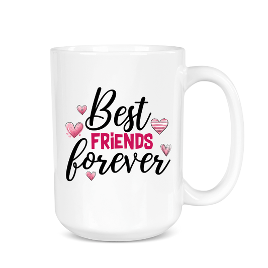 White mug with 'Best Friends Forever' text and heart graphics on a white background