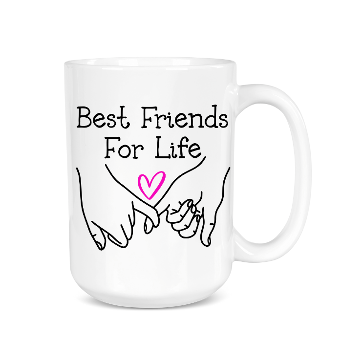 White mug with 'Best Friends For Life' text and hand illustrations on a white background