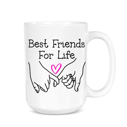 White mug with 'Best Friends For Life' text and hand illustrations on a white background