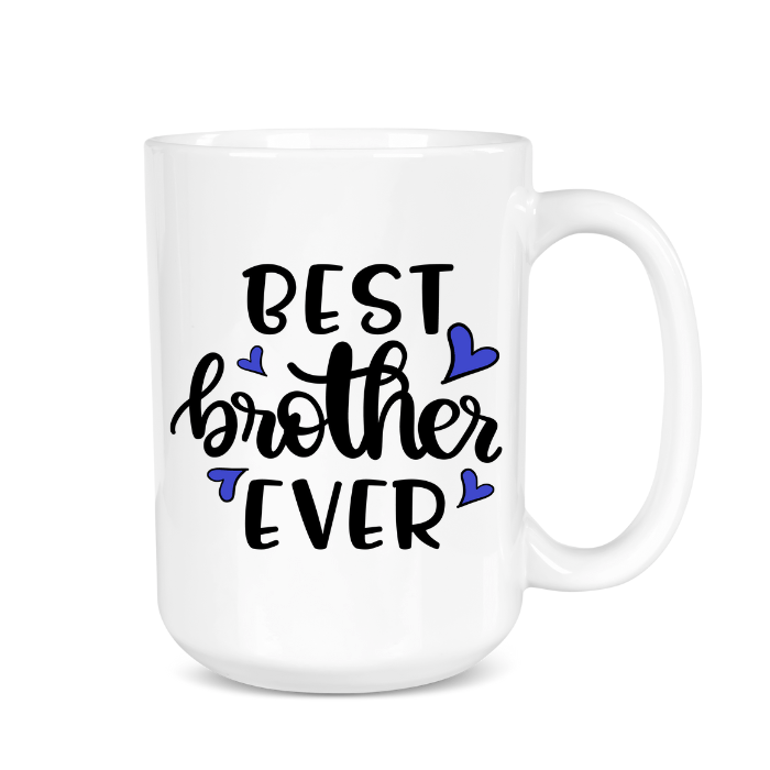 White mug with 'Best brother ever' text and blue hearts on a white background