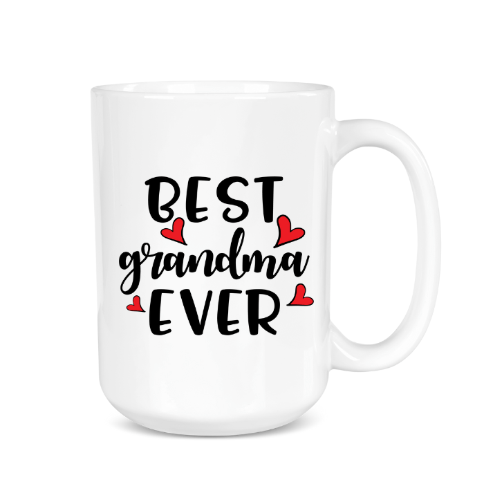 White mug with 'Best Grandma Ever' text and red hearts on a white background