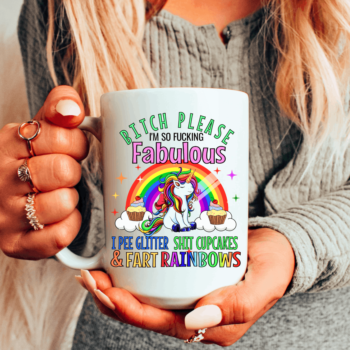 Funny unicorn coffee mug with rainbow, cupcakes, and sarcastic adult humor saying