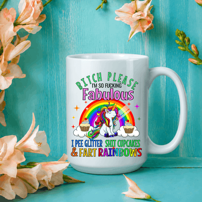 White 15 oz ceramic mug featuring a rainbow unicorn and “I Pee Glitter” funny quote