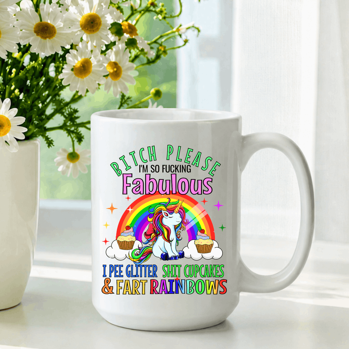 Sarcastic women’s coffee mug with colorful unicorn, rainbow, and profanity design