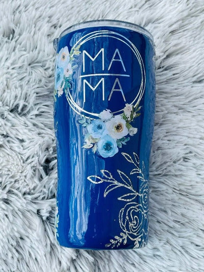 Blue Floral Mama Glitter Tumbler | Personalized Tumblers Vinyl Chaos Design Co.