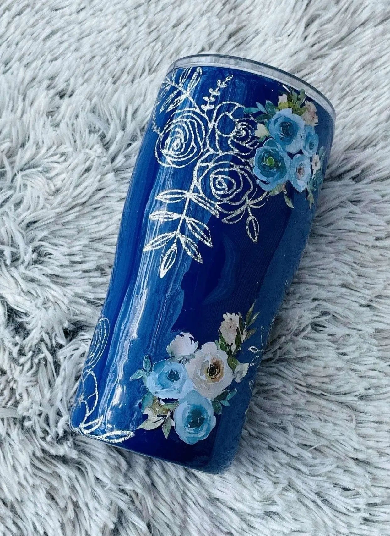 Blue Floral Mama Glitter Tumbler | Personalized Tumblers Vinyl Chaos Design Co.