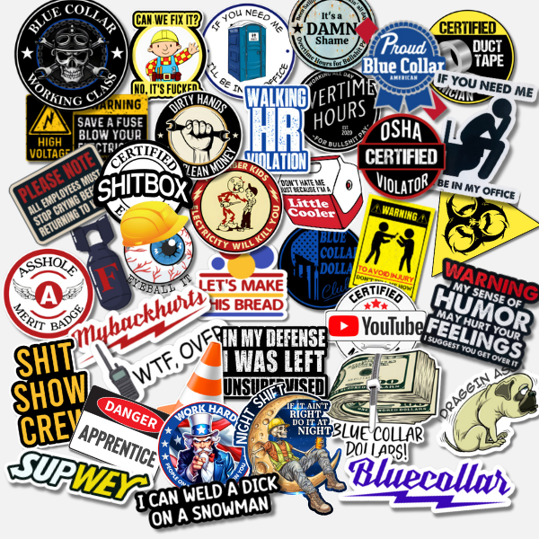 Collection of various hard hat stickers with different designs and text on a white background