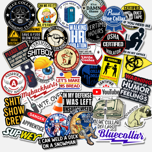 Collection of various hard hat stickers with different designs and text on a white background