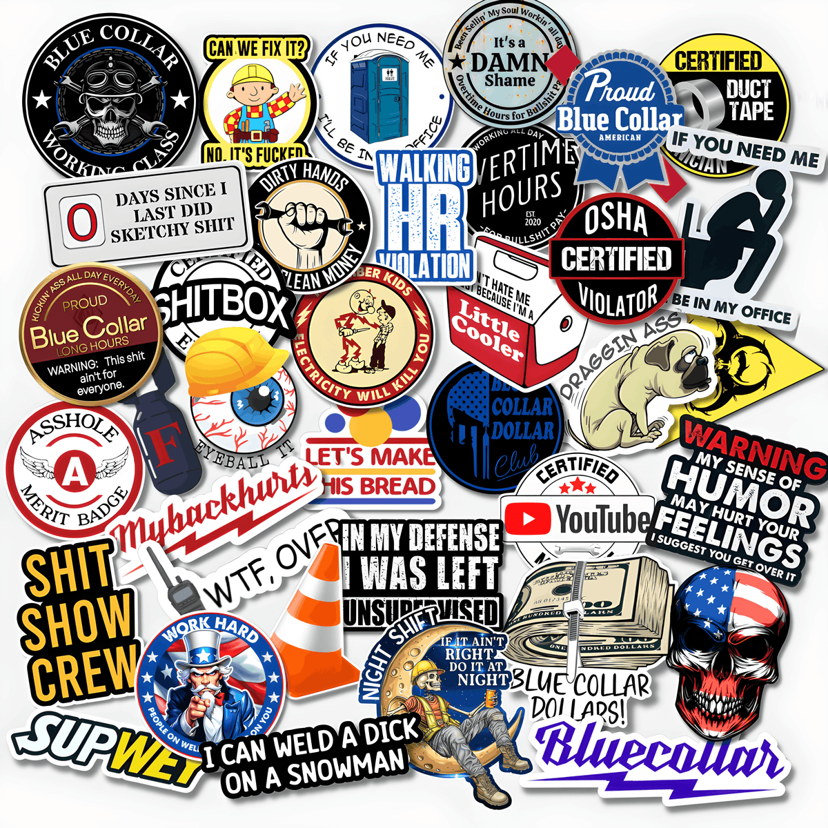 Funny blue collar vinyl sticker pack with construction, welding, mechanic, hard hat, overtime and tradesman designs