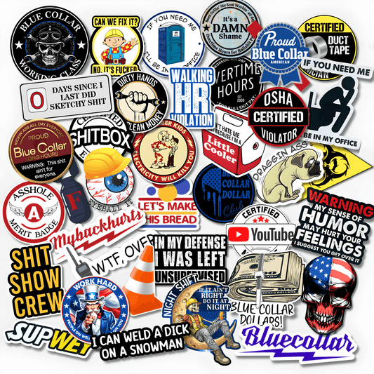 Funny blue collar vinyl sticker pack with construction, welding, mechanic, hard hat, overtime and tradesman designs