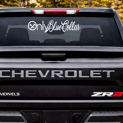 Chevrolet vehicle with 'Only Blue Collar' decal on the back window