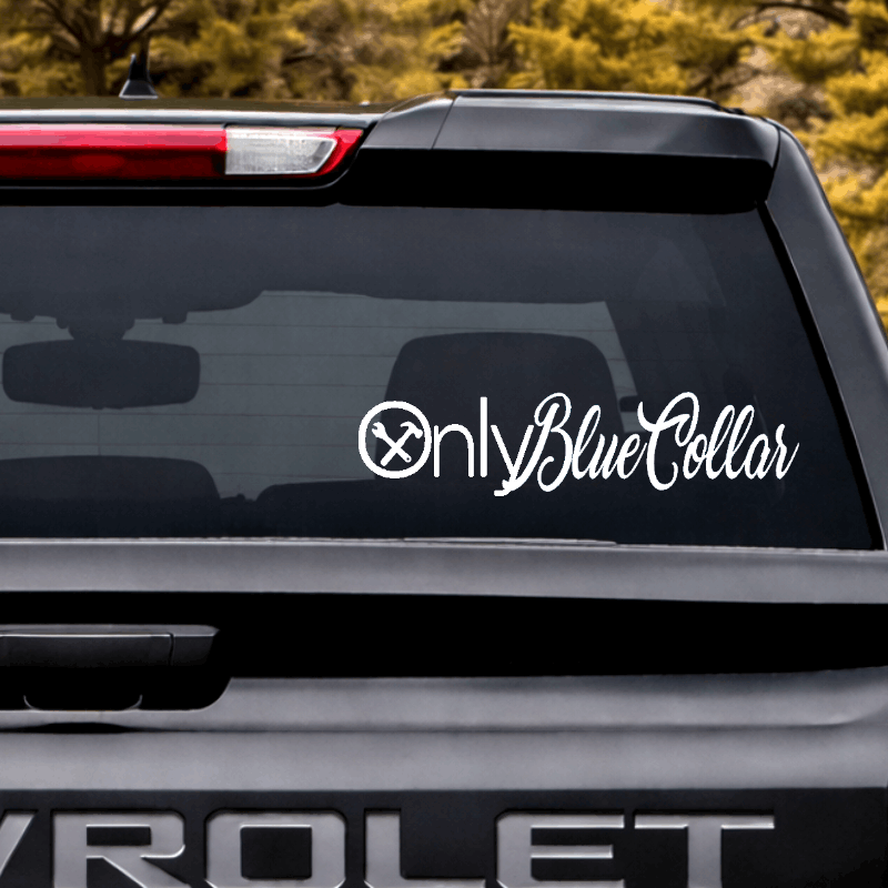 Car window with 'Only Blue Collar' decal on a Chevrolet vehicle
