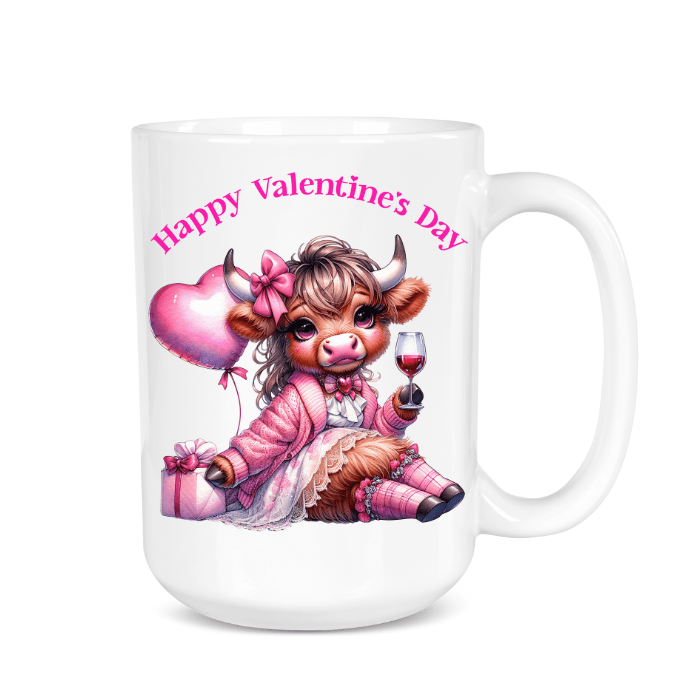 Mug with a cartoon cow holding a heart, glass of wine, and gift, with 'Happy Valentine's Day' text on a white background.