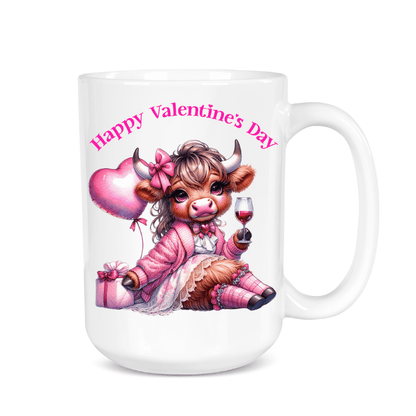 Mug with a cartoon cow holding a heart, glass of wine, and gift, with 'Happy Valentine's Day' text on a white background.