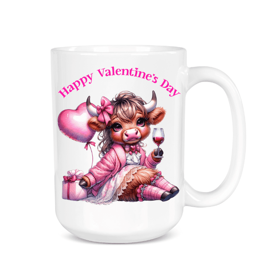 Mug with a cartoon cow holding a heart, glass of wine, and gift, with 'Happy Valentine's Day' text on a white background.