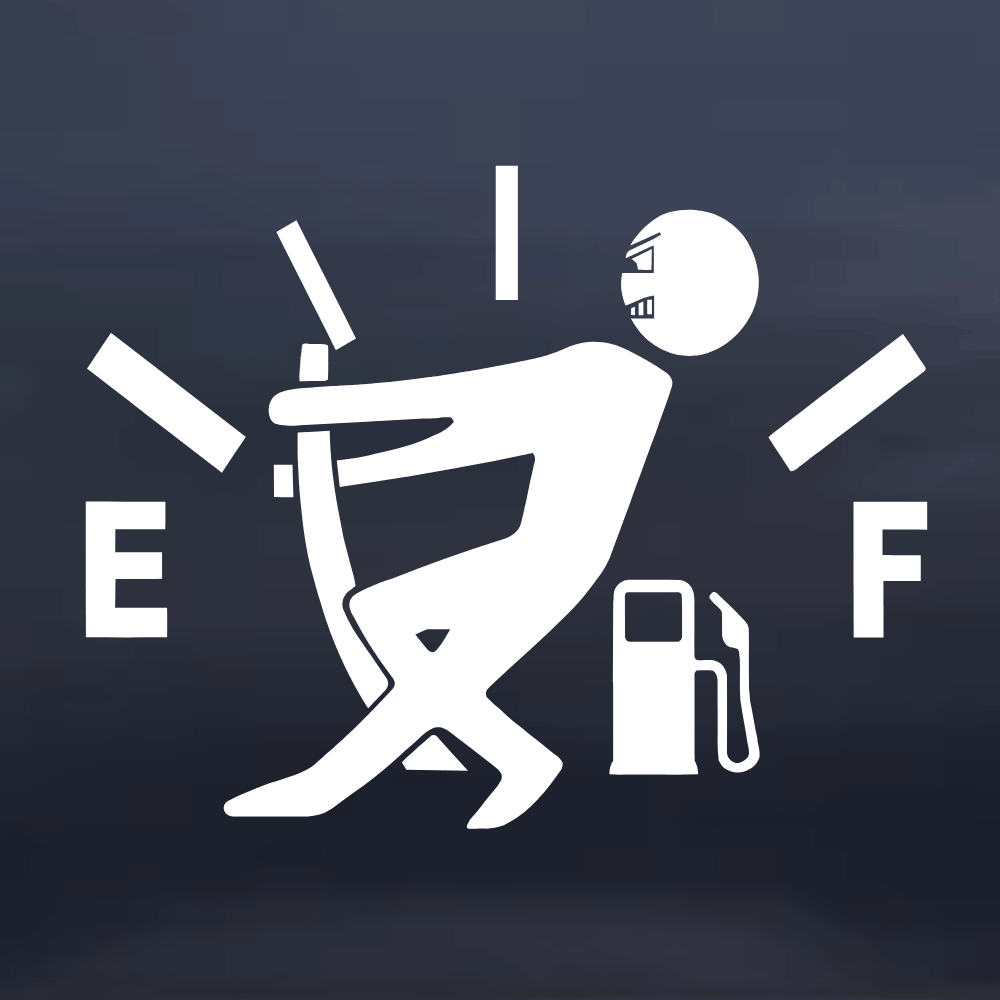 White stick figure with a chair and gas pump on a dark blue background