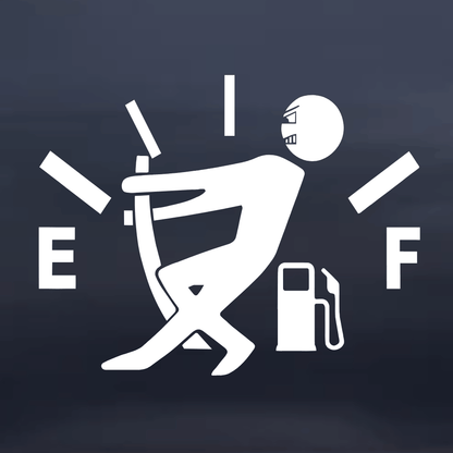 White stick figure with a chair and gas pump on a dark blue background
