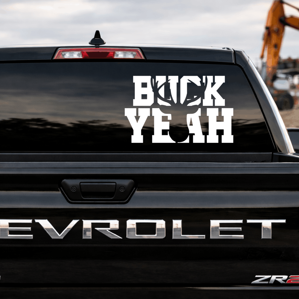 Chevrolet vehicle with 'Buck Yeah' decal on the back window