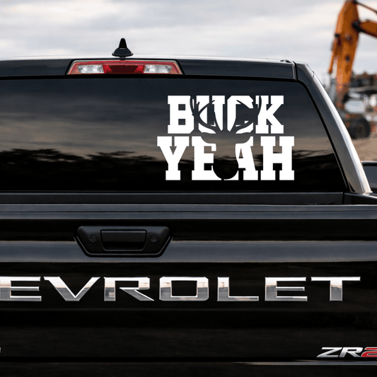 Chevrolet vehicle with 'Buck Yeah' decal on the back window