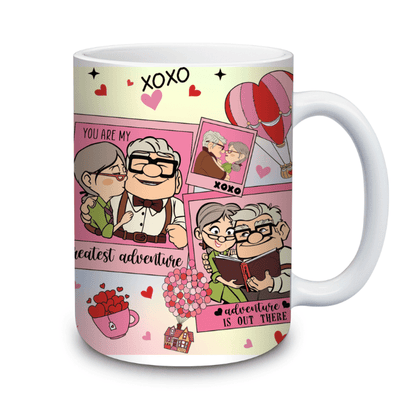 Mug with cartoon design of an elderly couple and romantic elements on a white background