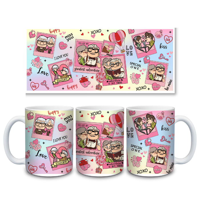 Set of three mugs with cartoon character design and matching packaging on a white background