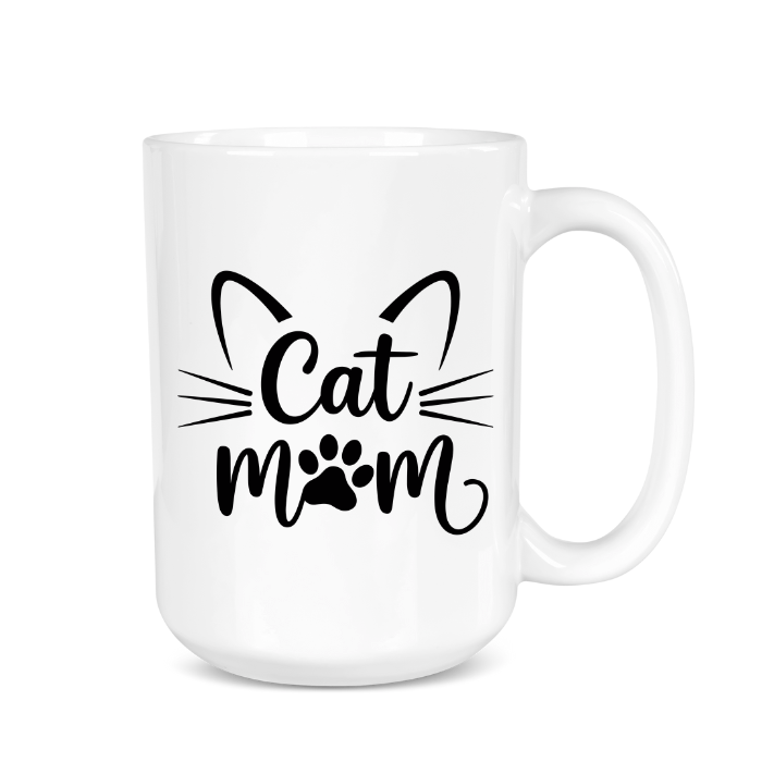 White mug with 'Cat Mom' text and cat icons on a white background