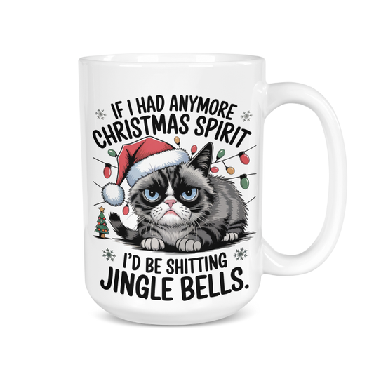 White mug with a cat wearing a Santa hat and Christmas-themed text on a white background