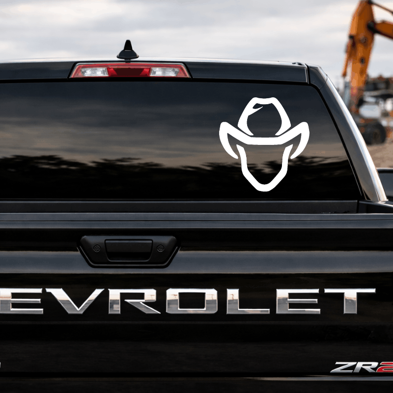 Chevrolet vehicle with a white cowboy hat decal on the back window